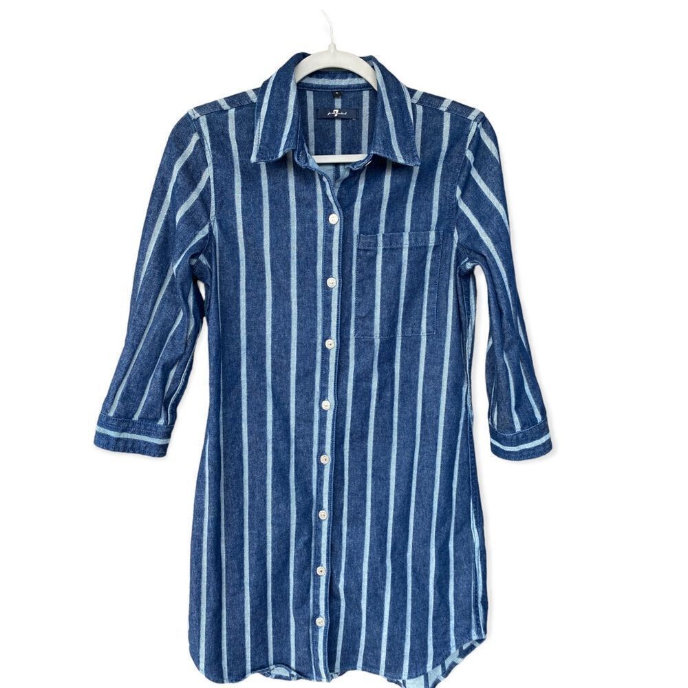 7 FOR ALL MANKIND Striped Denim Button Down Shirt Blue Jean Dress Sz S